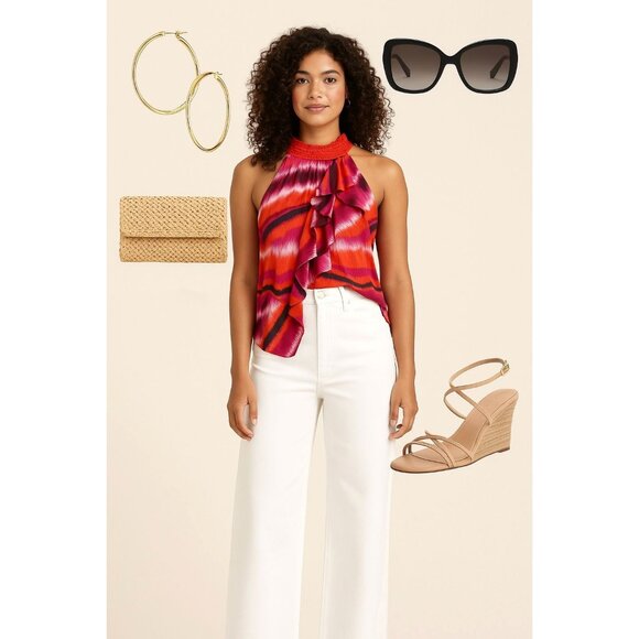 Ashley Stewart Sleeveless Ruffle Halter Blouse In Pink Orange Ikat Stripe Print - Picture 3 of 7